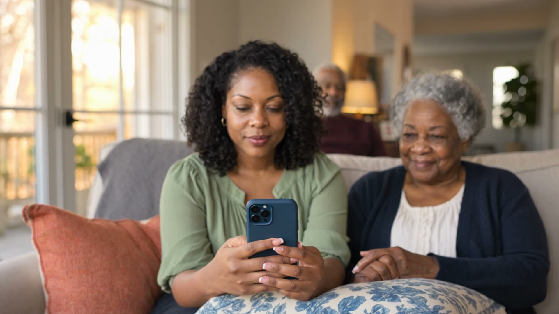 A dramatized family moment with a daughter and her mother together at home