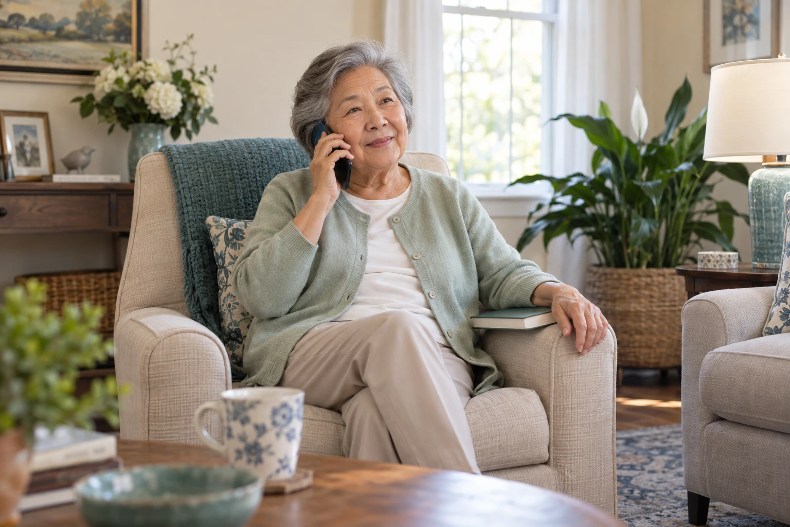 An illustrative scene of an older woman enjoying a phone conversation in her living room