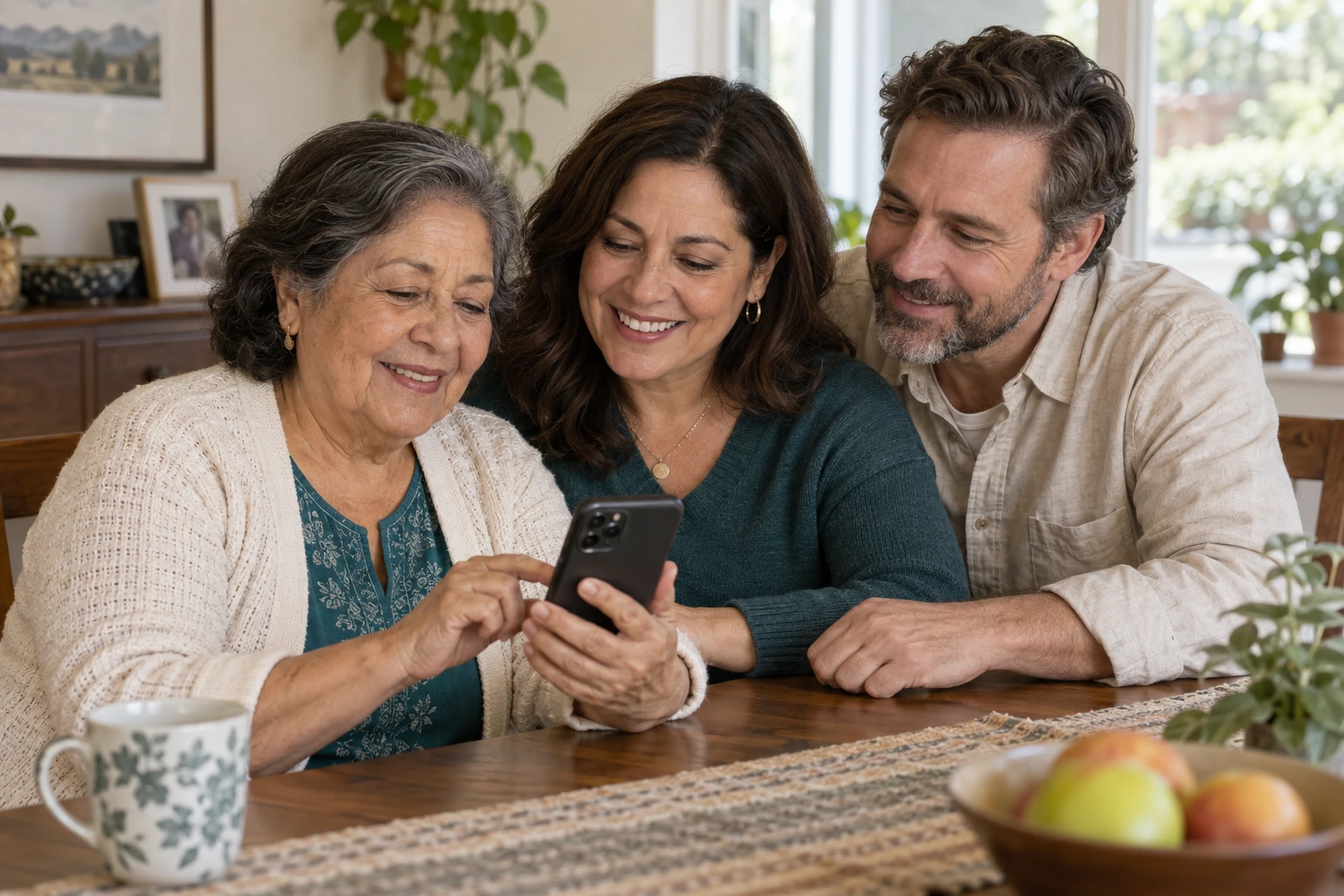 An illustrative scene of an older mother, her daughter and son-in-law looking at a phone together
