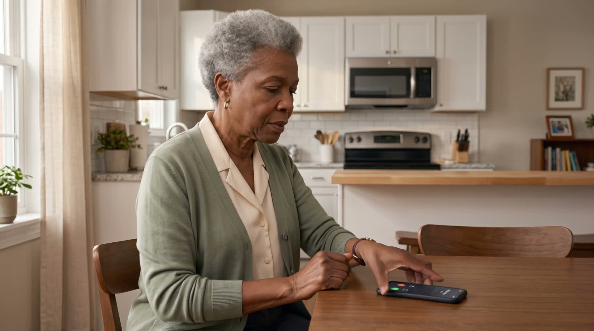 A dramatized scene of an older adult enjoying a phone conversation at home