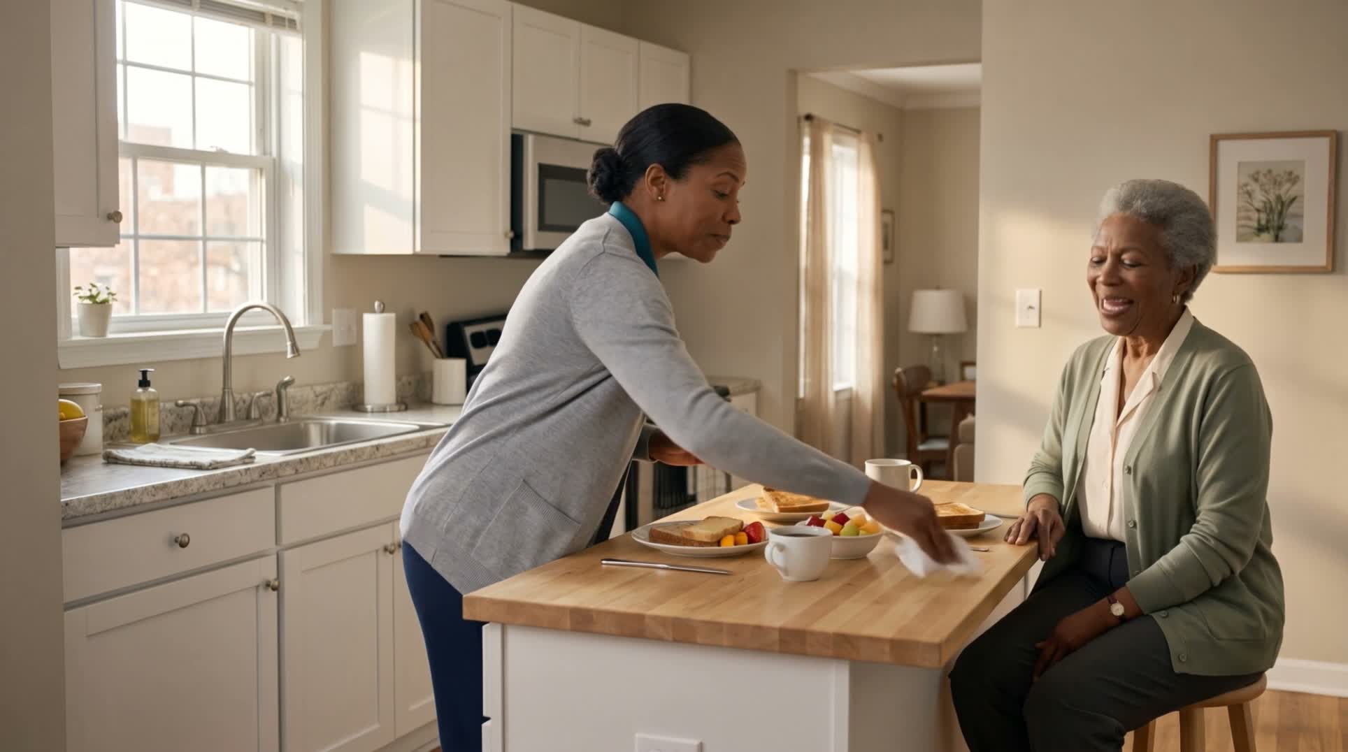 A dramatized home-care scene: a caregiver brings breakfast to an older adult